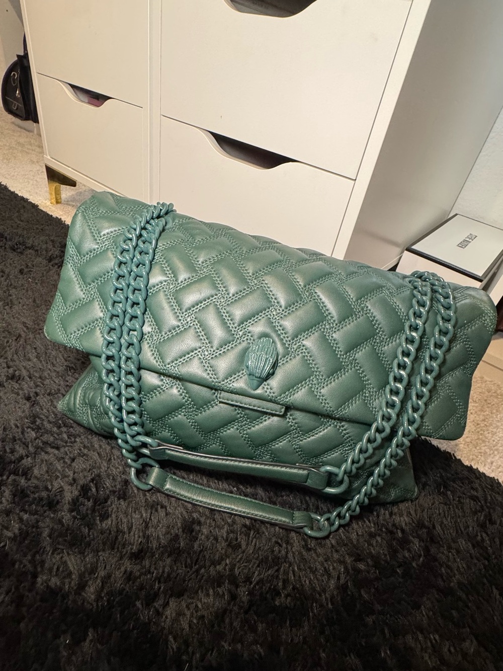 Kurt Geiger Quilted Green Shoulder Bag with Chain Strap